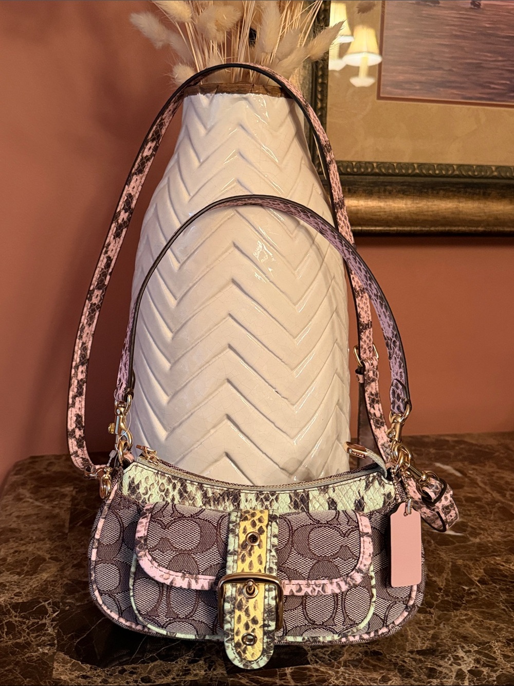 Coach NWT Ashton Mini Crescent Shoulder Bag in Pink, Cream & Yellow Snake-Print - Picture 6 of 16